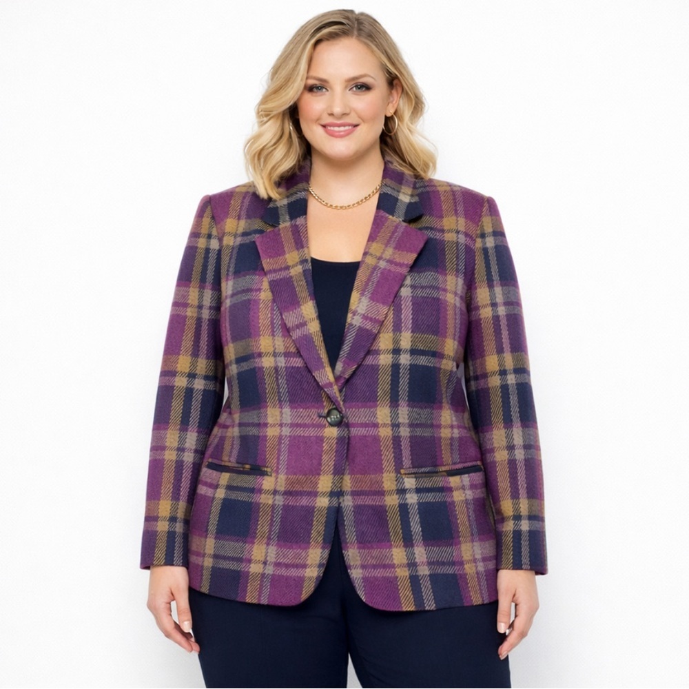 Vintage Sag Harbor Woman Plaid Wool Blend Blazer Jacket Purple Navy Size 18W